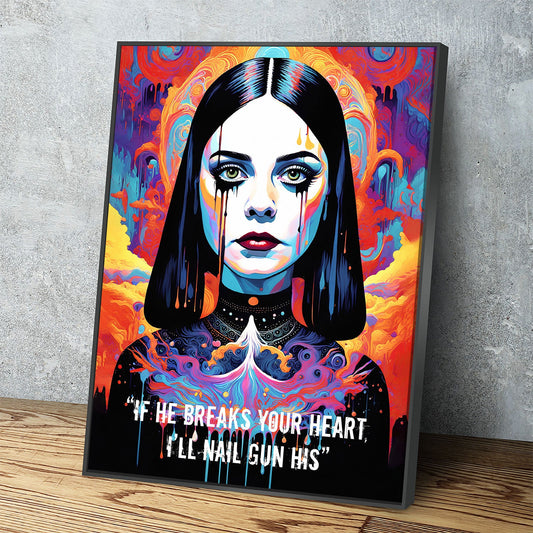 Abstract Wednesday Adams Canvas Wall Art, Colorful Wednesday Adams Print Black Floating Frame