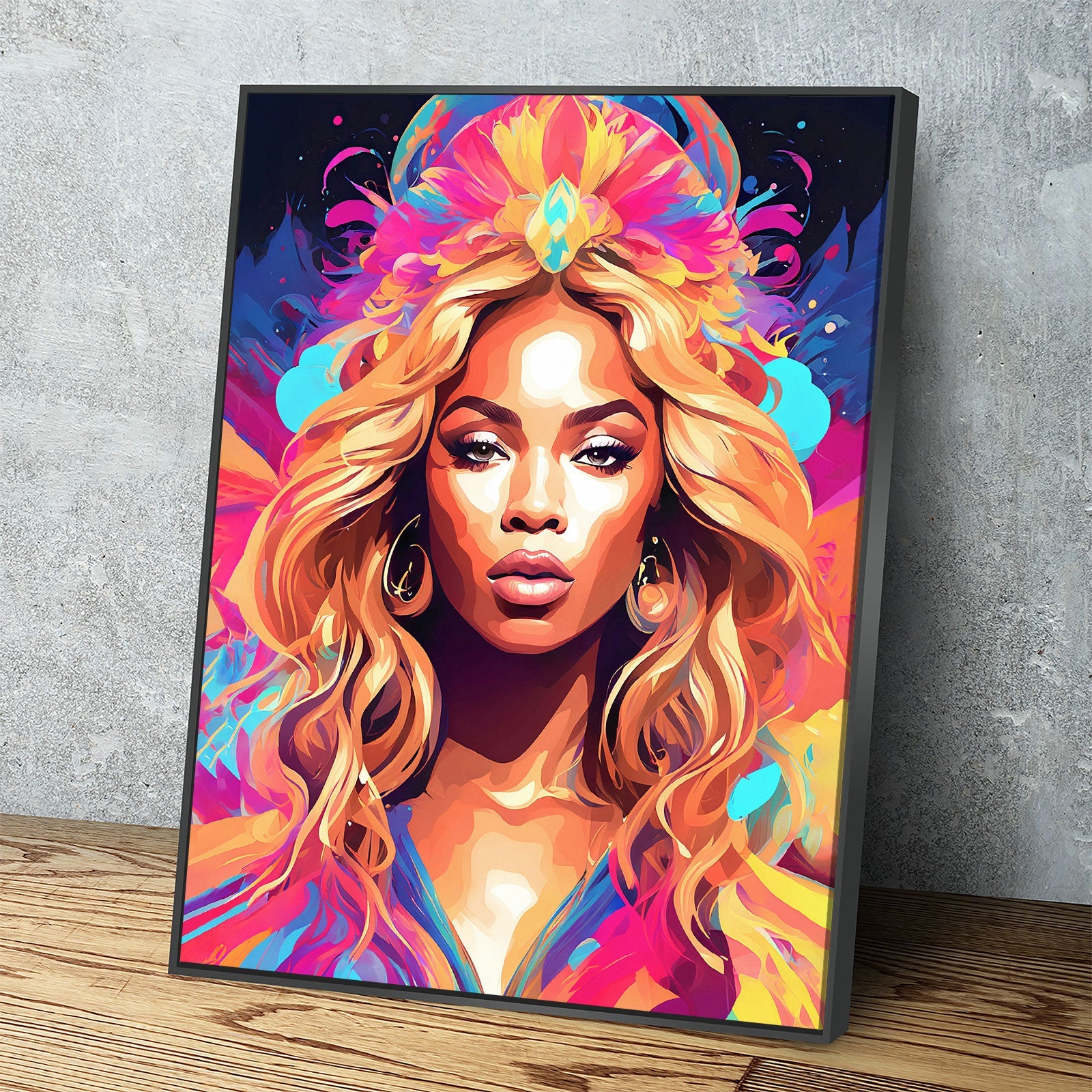 Abstract Beyonce Canvas Wall Art, Colorful Beyonce Print Black Floating Frame