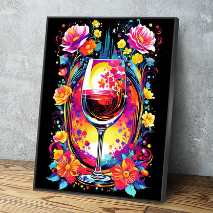 Smell The Flowers Canvas Wall Art, Abstract Wine And Flowers Print Black Floating Frame