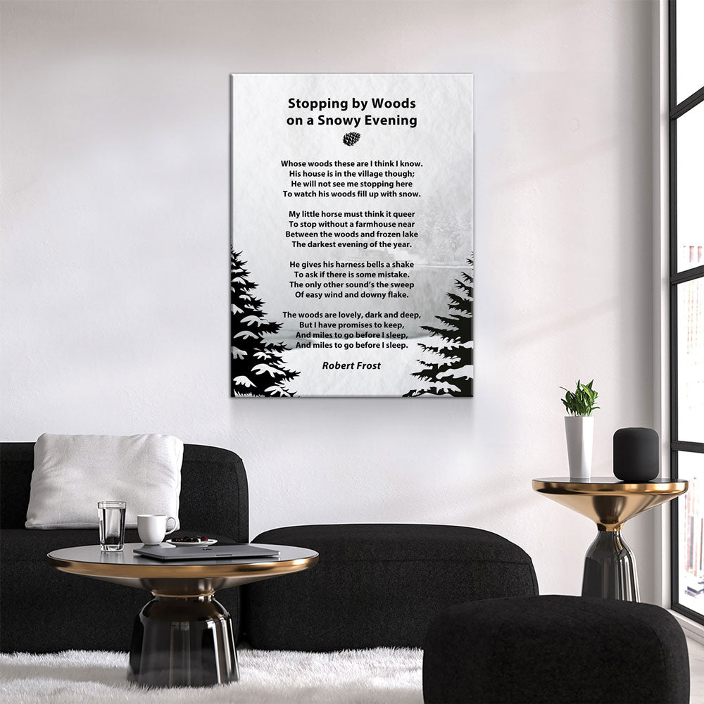 Stopping By Woods On a Snowy Evening Canvas Wall Art, Robert Frost Poem, 1922 Poem, Light Version