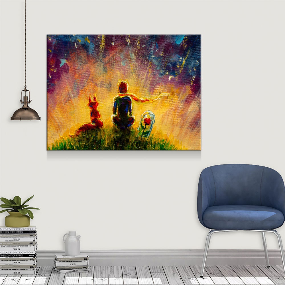 Little Prince, Fox, Red Rose Canvas Wall Art, Little Prince Decor Gallery Wrap