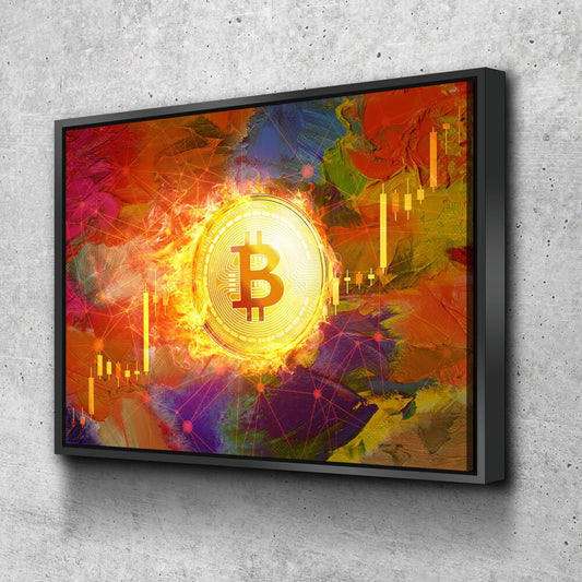 Bitcoin Fire Canvas Wall Art, Office Decor, Bitcoin, Crypto Currency, Block Chain, Decentralized Currency, Bitcoin Wall Art, Candlestick With Floating Frame