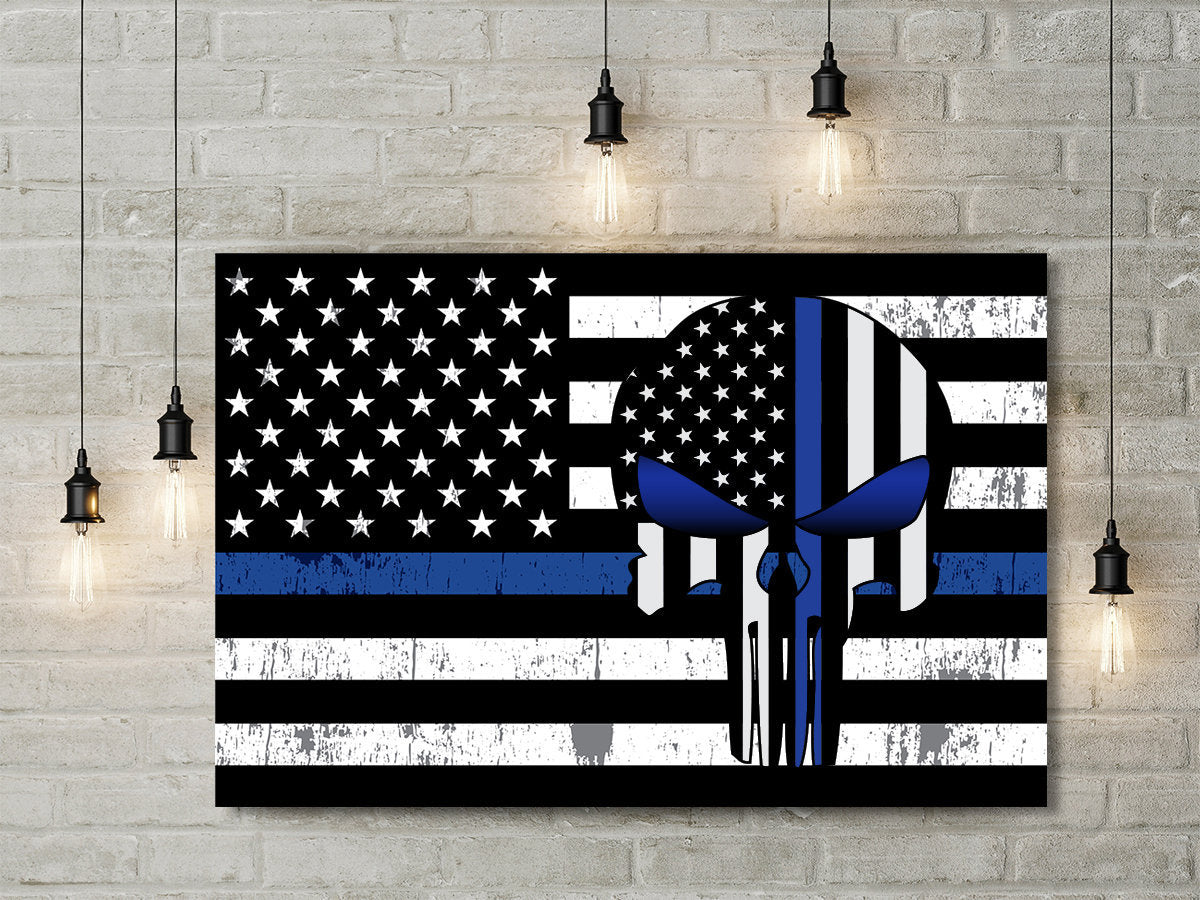 Thin Blue Line Punisher Blue Lives Matter US Flag Framed Canvas Wall Art, Thin Blue Line Decor Police Officer Wall Art, LEO