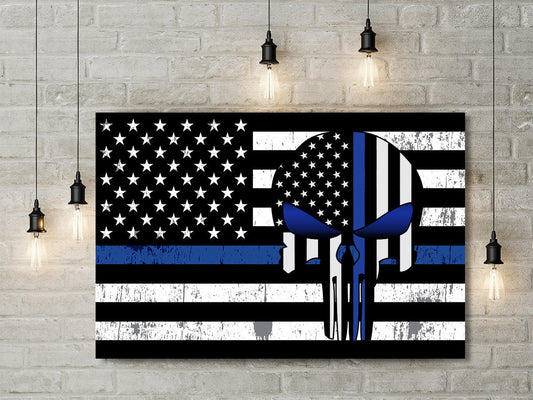 Thin Blue Line Punisher Blue Lives Matter US Flag Framed Canvas Wall Art, Thin Blue Line Decor Police Officer Wall Art, LEO