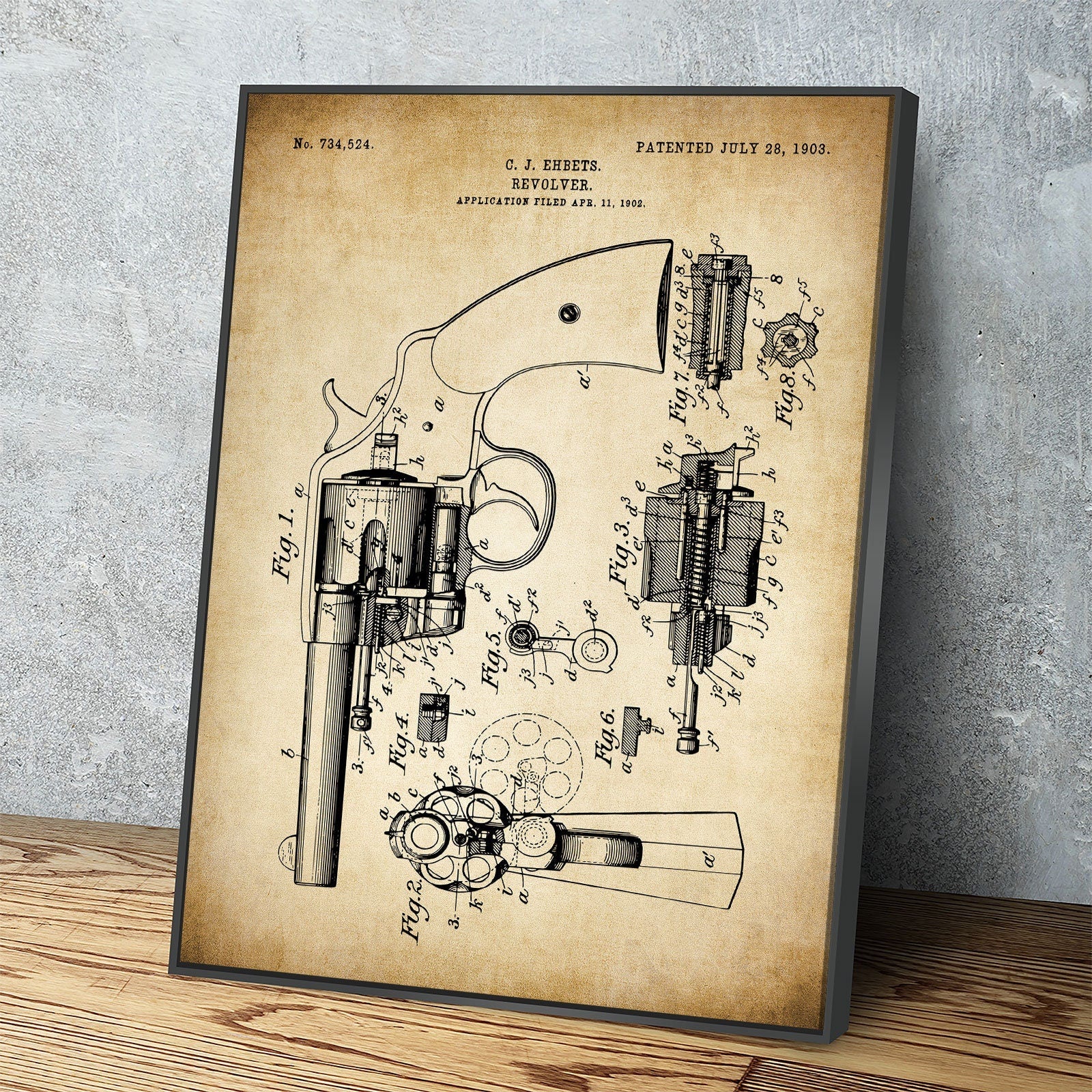 Revolver Patent Wall Art, Pistol Patent Print, Gun Patent Print, 1903 Vintage Revolver Patent Print, Carl J Ehbets With Floating Frame