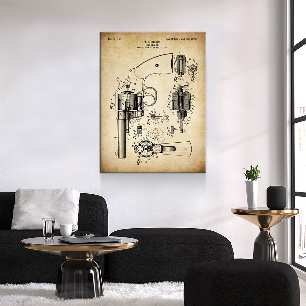 Revolver Patent Wall Art, Pistol Patent Print, Gun Patent Print, 1903 Vintage Revolver Patent Print, Carl J Ehbets Gallery Wrap