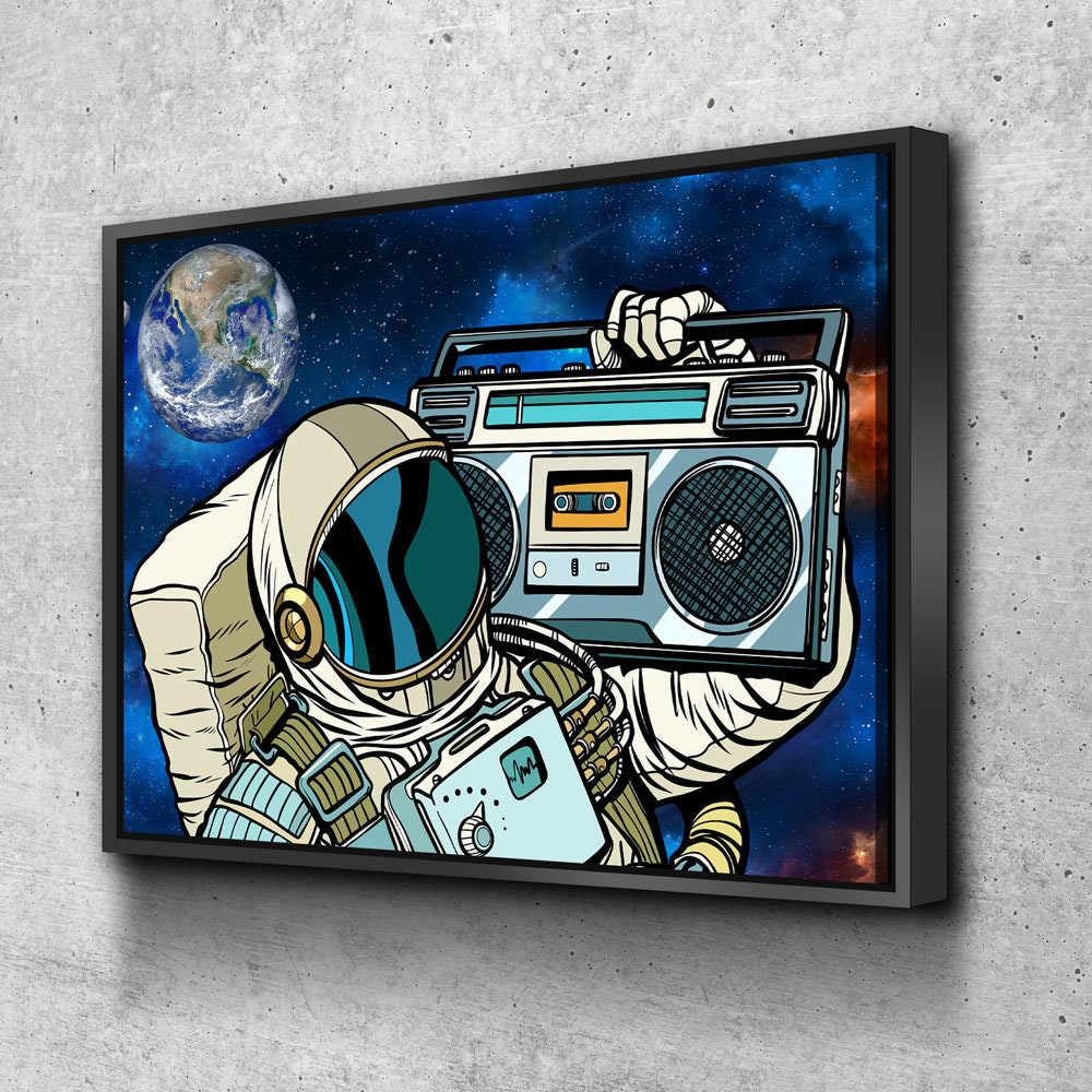 Spaceman Galaxy Jam Canvas Wall Art, Space Walk, Galaxy Jam, Retro Tape Player, Man Cave Decor, Dorm Decor, Retro Decor With Floating Frame