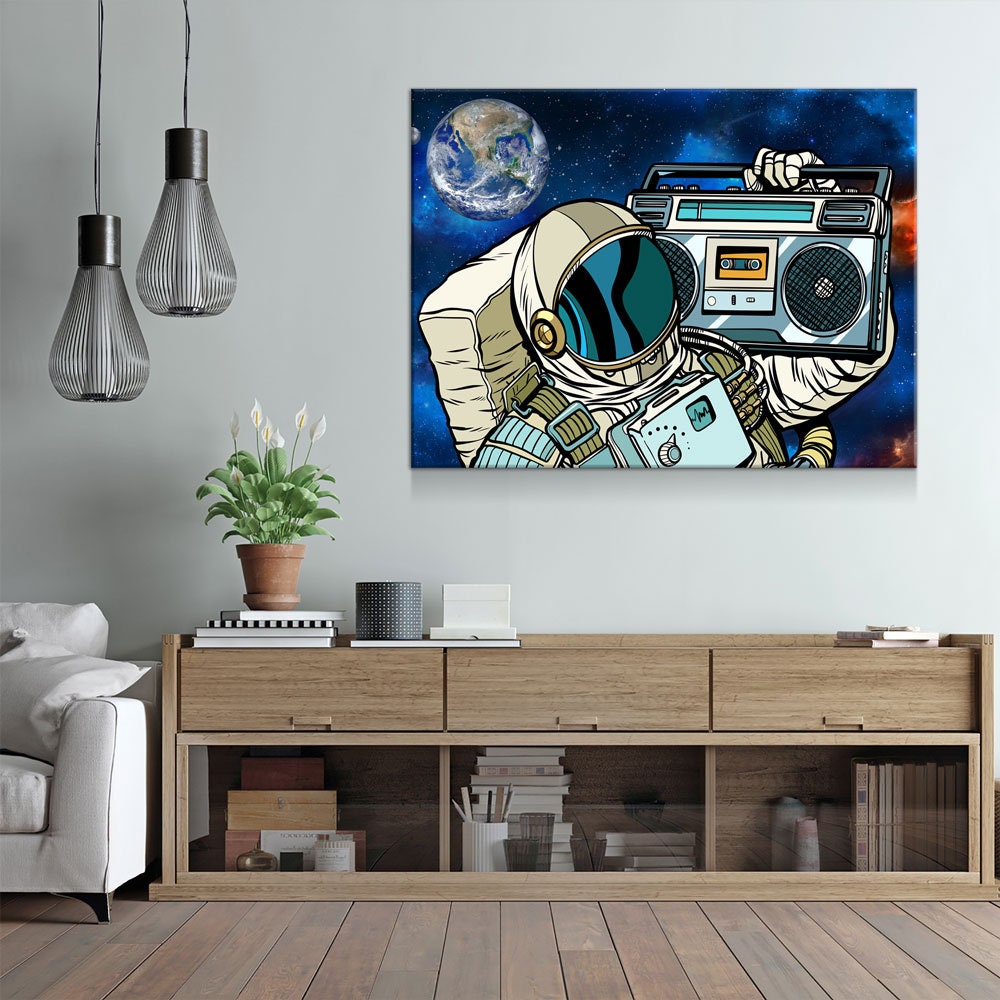 Spaceman Galaxy Jam Canvas Wall Art, Space Walk, Galaxy Jam, Retro Tape Player, Man Cave Decor, Dorm Decor, Retro Decor