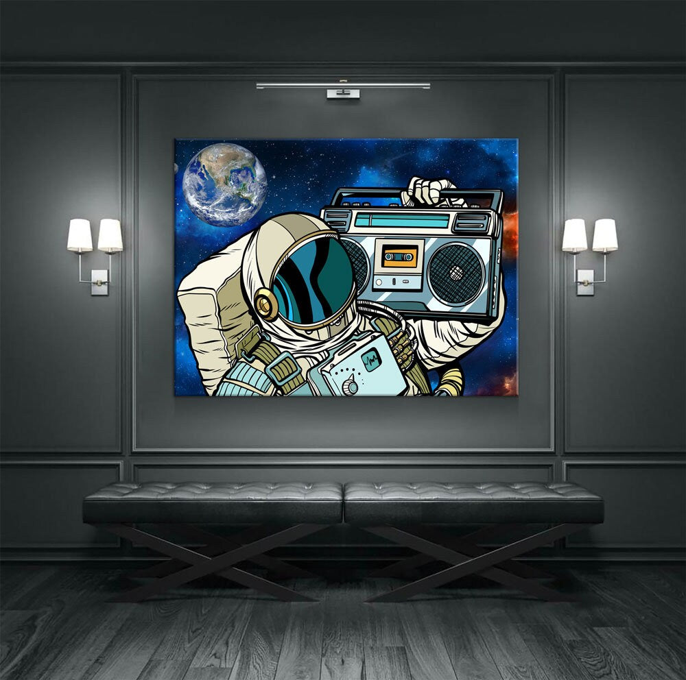 Spaceman Galaxy Jam Canvas Wall Art, Space Walk, Galaxy Jam, Retro Tape Player, Man Cave Decor, Dorm Decor, Retro Decor