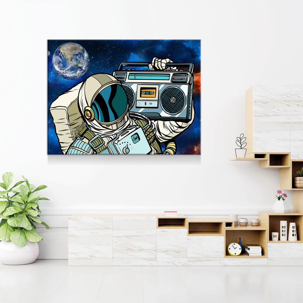 Spaceman Galaxy Jam Canvas Wall Art, Space Walk, Galaxy Jam, Retro Tape Player, Man Cave Decor, Dorm Decor, Retro Decor