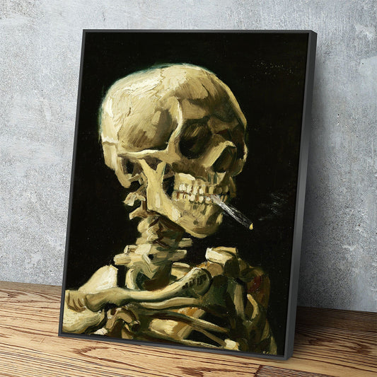 Van Gogh Smoking Skull Canvas Wall Art, Skull Skeleton With Burning Cigarette, Van Gogh Reproduction, 1885-86 With Floating Frame