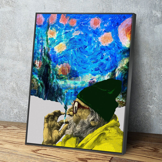 Smokin Man Starry Night Canvas Wall Art, Cannabis Man, Smoking dreams Abstract Art, Abstract Home Decor With Floating Frame