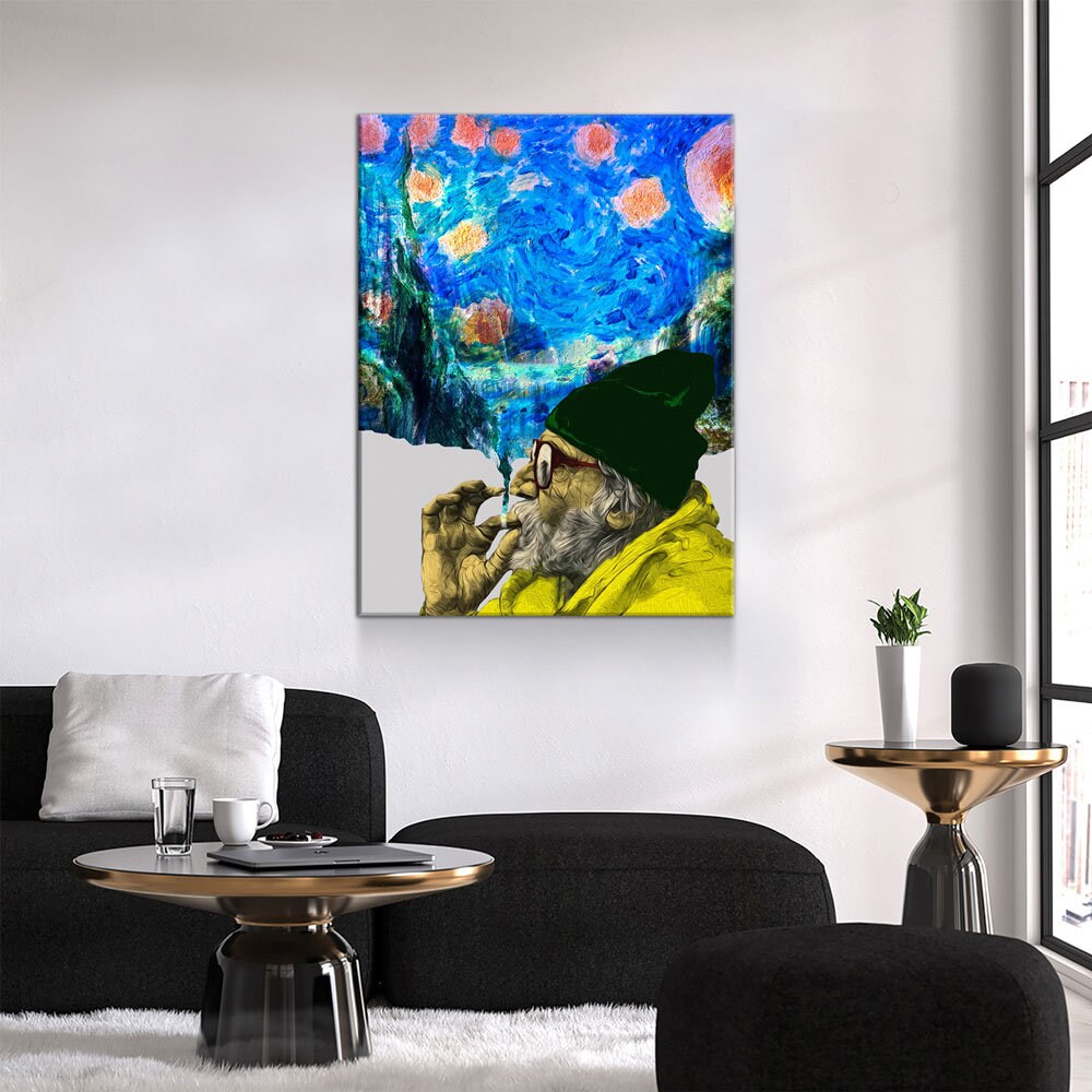 Smokin Man Starry Night Canvas Wall Art, Cannabis Man, Smoking dreams Abstract Art, Abstract Home Decor