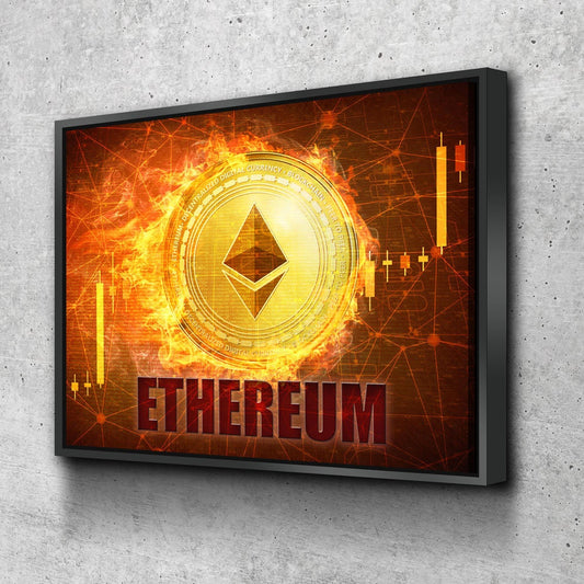 Ethereum Fire Canvas Wall Art, Cryptocurrency, Blockchain Decentralized Currency With Floating Frame