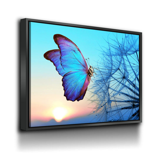 Blue Butterfly Canvas Wall Art, Butterfly Decor, Dandelion Canvas Wall art, Butterfly Sunset With Floating Frame