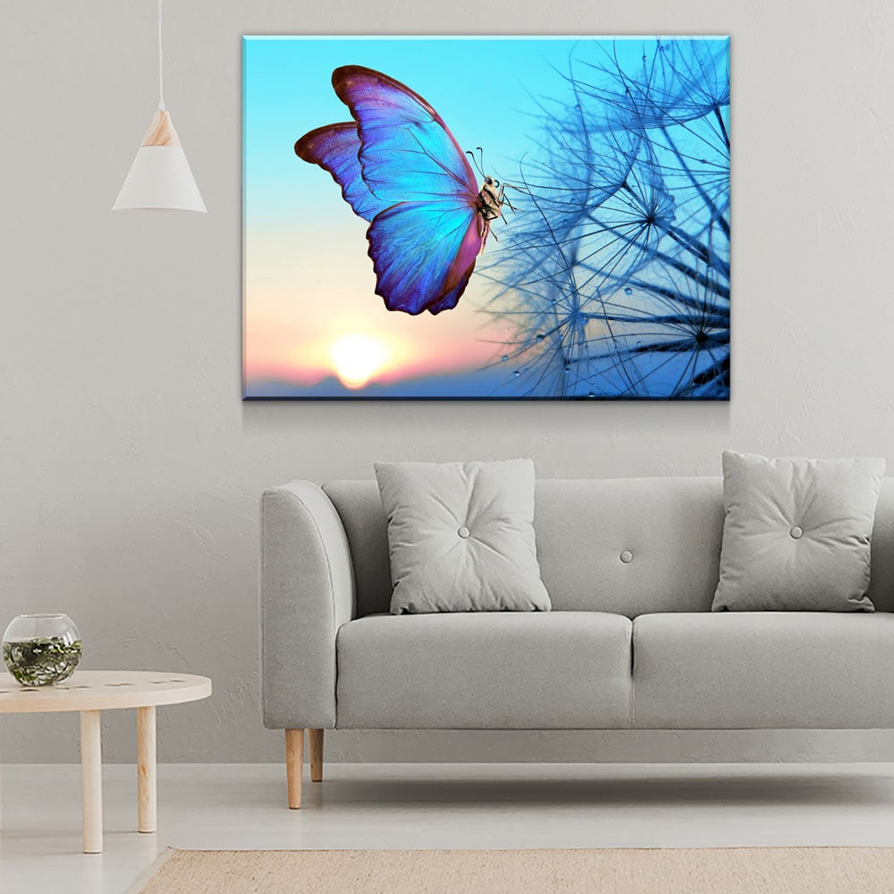 Blue Butterfly Canvas Wall Art, Butterfly Decor, Dandelion Canvas Wall art, Butterfly Sunset Gallery Wrap