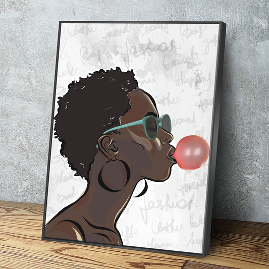 Black Girl With Bubble Gum Canvas Wall Art, Black Art, African American Art, African American Blowing Bubble, Home Decor Wall Art With Floating Frame