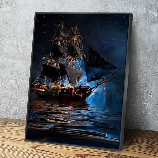 Pirate Ship Dark Sea Battle Canvas Wall Art, Pirate Decor, Ship Sailing, Jolly Roger Flag, Pirate Battleship With Floating Frame