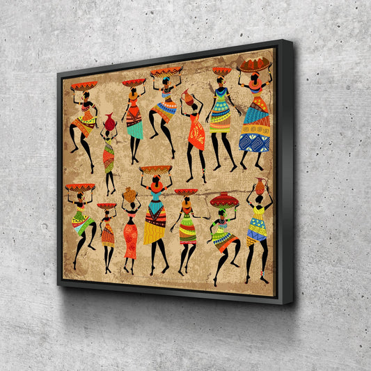 African Women Canvas Wall Art, African Tribal Art, African Decor, African Art, Grunge Ethnic Art, Dancing African Ladies With Floating Frame