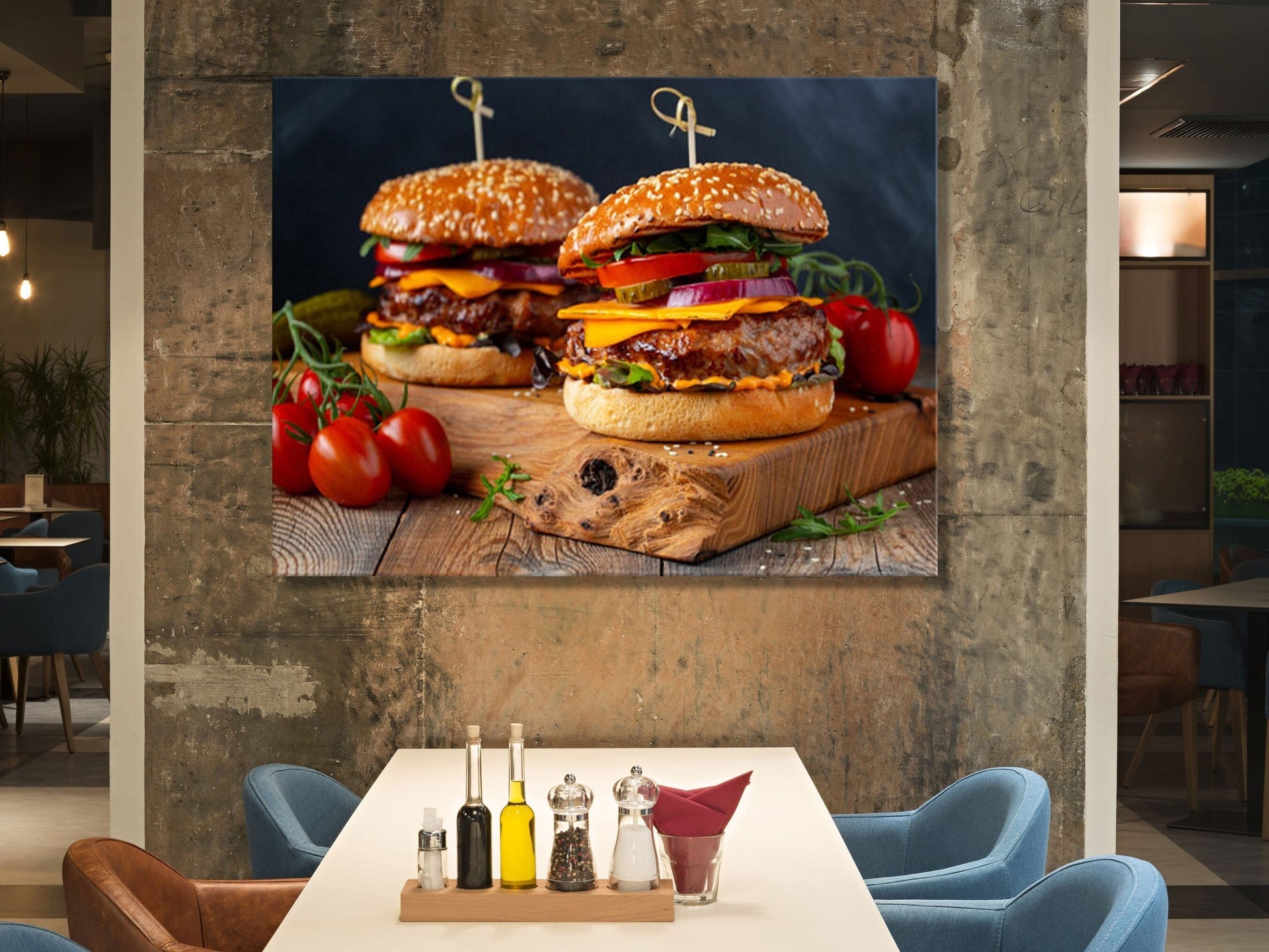 Juicy Cheeseburger Canvas Wall Art, Burger Joint Decor, Restaurant Decor, Diner Decor, Fresh Burger Art, Cheeseburger Art