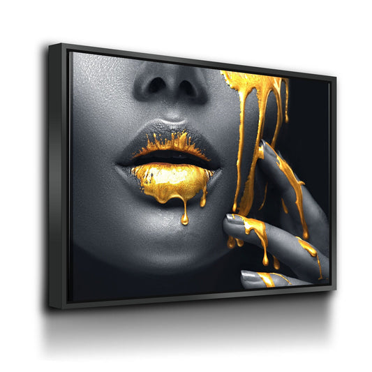 Gold Lips Of Desire Canvas Wall Art, Lips Canvas Abstract Art, Abstract Decor, Golden Lips With Floating Frame