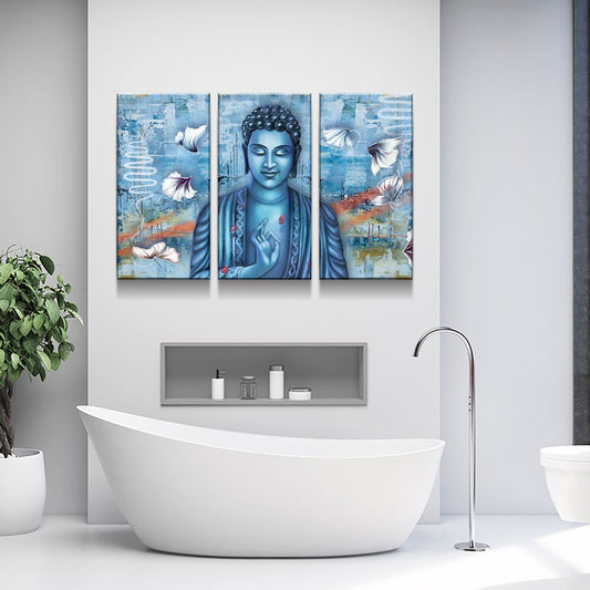 Buddha Wall Art | Meditating Blue Buddha | Bright Modern Canvas Print | Modern Wall Art | Buddha Illustration 3 Panel 50 X 36