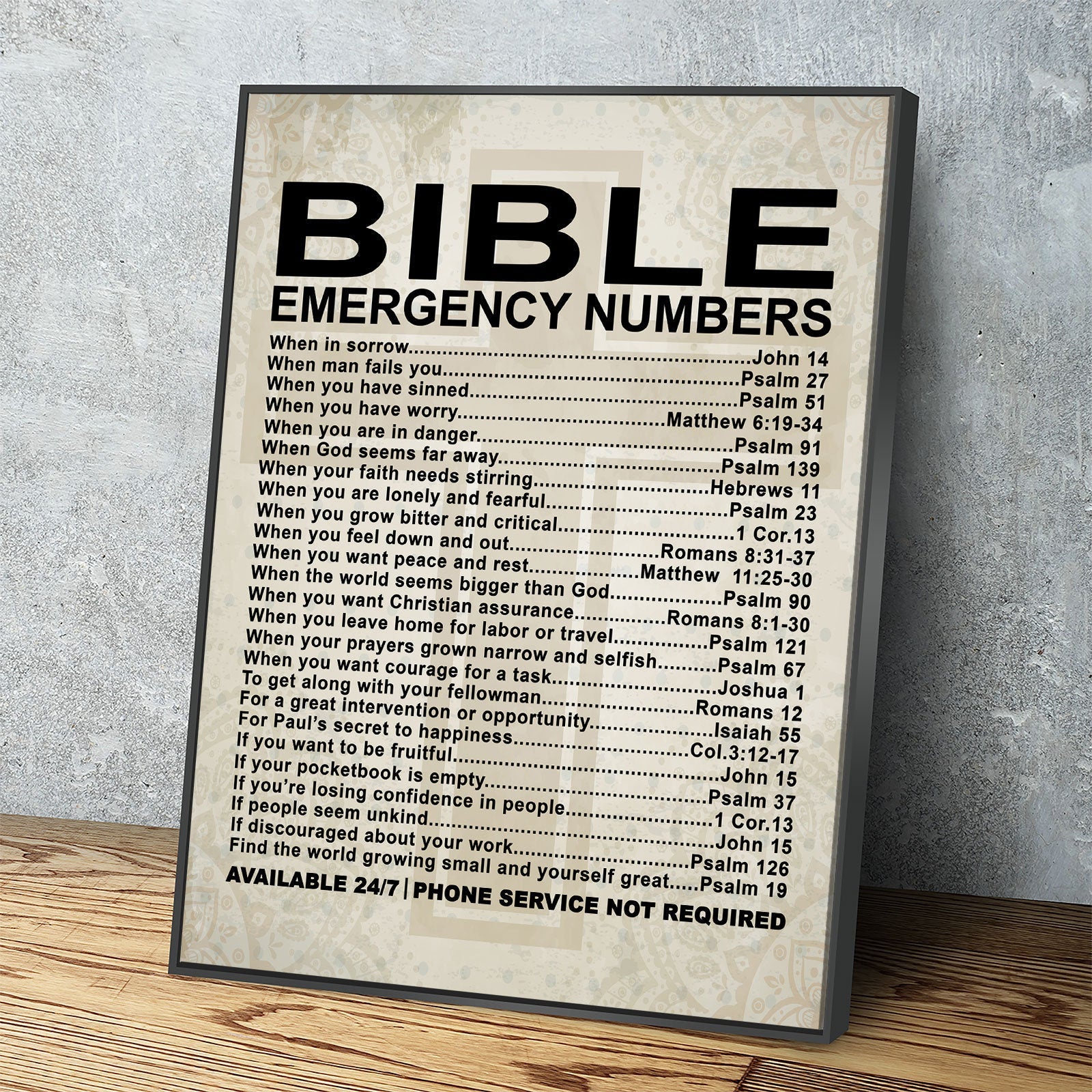 Bible Emergency Numbers Canvas Wall Art, Bible Decor, Bible Gift, Religious Gift, Scriptures, Church Gift, Secret Sister Gift With Floating Frame