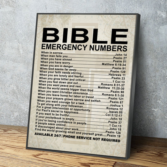 Bible Emergency Numbers Canvas Wall Art, Bible Decor, Bible Gift, Religious Gift, Scriptures, Church Gift, Secret Sister Gift With Floating Frame