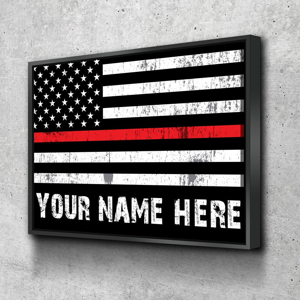 Personalized Thin Red Line Flag Canvas Wall Art, Custom Wall Art Thin Red Line, Firefighter, Fireman Gift With Floating Frame