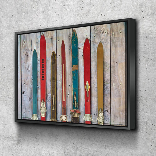 Vintage Skis Canvas Wall Art, Rustic Skis, Wooden Skis, Rustic Wall Art, Ski Gift, Retro Ski, Winter Sports, Vintage Ski Decor With Floating Frame