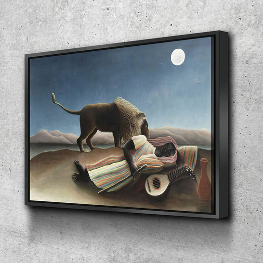 The Sleeping Gypsy Canvas Wall Art, Henri Rousseau Art, 1897 Famous Painting, La Bohémienne endormie, French Naïve artist With Floating Frame