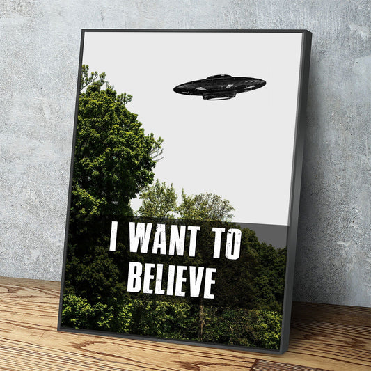 I Want To Believe Canvas Wall Art, UFO Decor, X-Files Style Design, Area 51, Alien Decor With Floating Frame