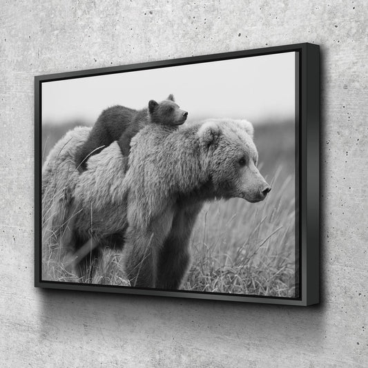 Bear & Cub Canvas Wall Art, Bear Cub And Momma Bear Decor, Wilderness, Wildlife, Nature Artwork, Grizzly Bear With Floating Frame