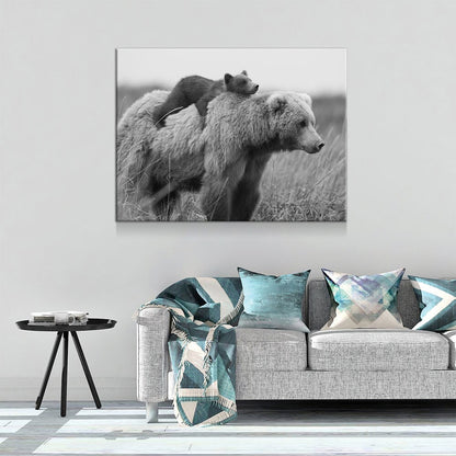 Bear & Cub Canvas Wall Art, Bear Cub And Momma Bear Decor, Wilderness, Wildlife, Nature Artwork, Grizzly Bear
