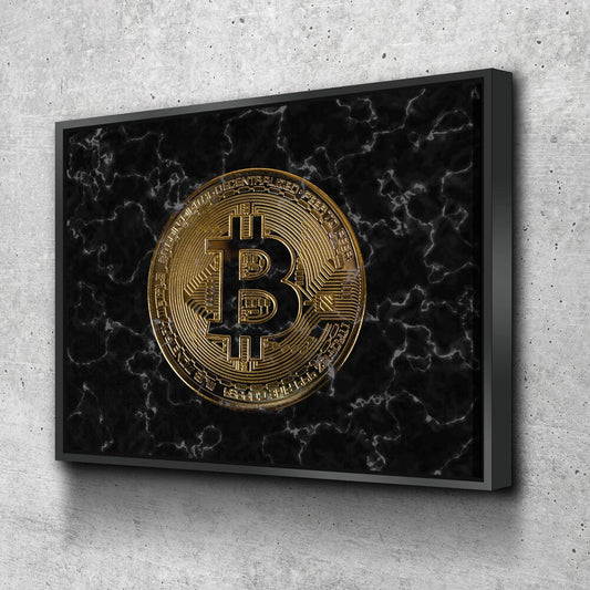 Bitcoin Black Marble Canvas Wall Art, Office Decor, Bitcoin, Crypto Currency, Block Chain, Decentralized Currency, Bitcoin Wall Art With Floating Frame