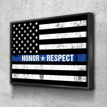 Honor Respect Thin Blue Line Canvas Wall Art, Thin Blue Line Decor, Police Officer Wall Art, LEO, Law Enforcement Officers With Floating Frame