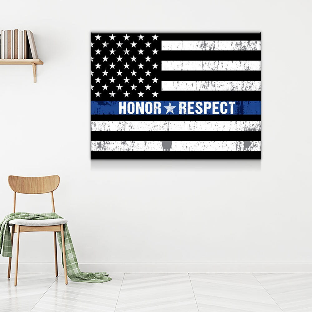 Honor Respect Thin Blue Line Canvas Wall Art, Thin Blue Line Decor, Police Officer Wall Art, LEO, Law Enforcement Officers Gallery Wrap
