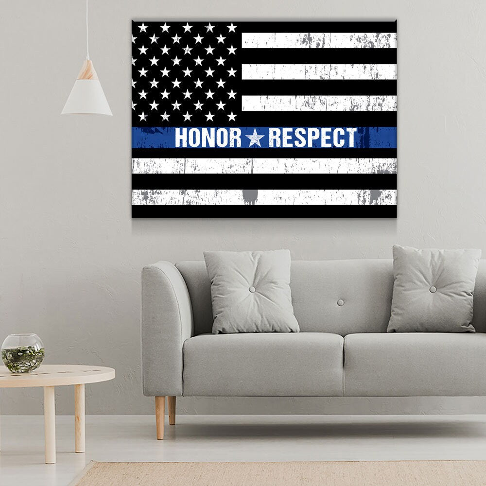 Honor Respect Thin Blue Line Canvas Wall Art, Thin Blue Line Decor, Police Officer Wall Art, LEO, Law Enforcement Officers