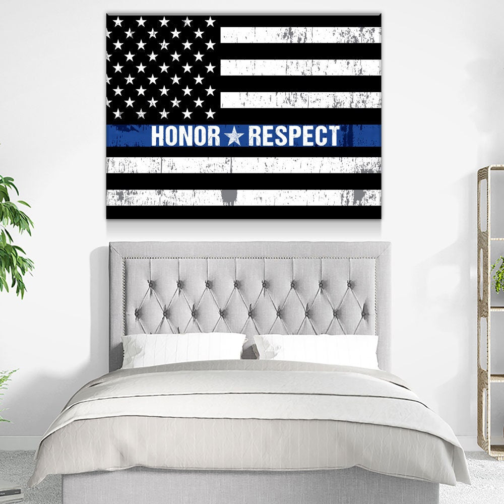 Honor Respect Thin Blue Line Canvas Wall Art, Thin Blue Line Decor, Police Officer Wall Art, LEO, Law Enforcement Officers