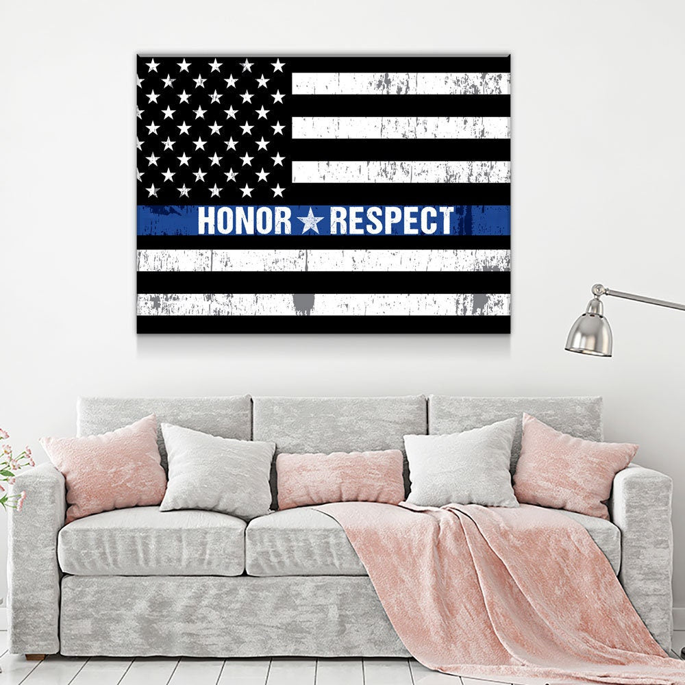 Honor Respect Thin Blue Line Canvas Wall Art, Thin Blue Line Decor, Police Officer Wall Art, LEO, Law Enforcement Officers