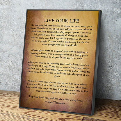 Live Your Life Poem by Chief Tecumseh Canvas Wall Art, Native American Warrior With Floating Frame