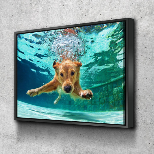 Golden Labrador Retriever Canvas Wall Art, Diving Under Water, Swimming Pool, Dog Gift, Golden Lab Print, Dog In Water With Floating Frame