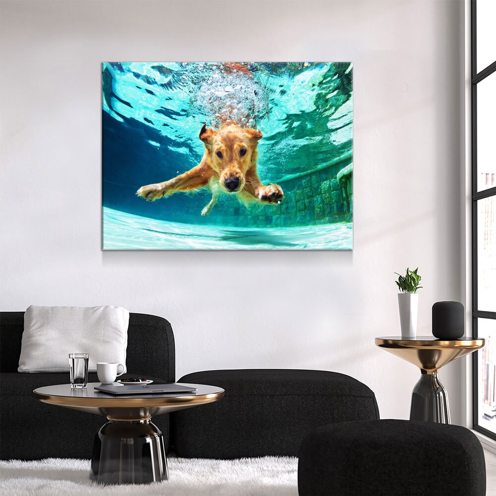Golden Labrador Retriever Canvas Wall Art, Diving Under Water, Swimming Pool, Dog Gift, Golden Lab Print, Dog In Water