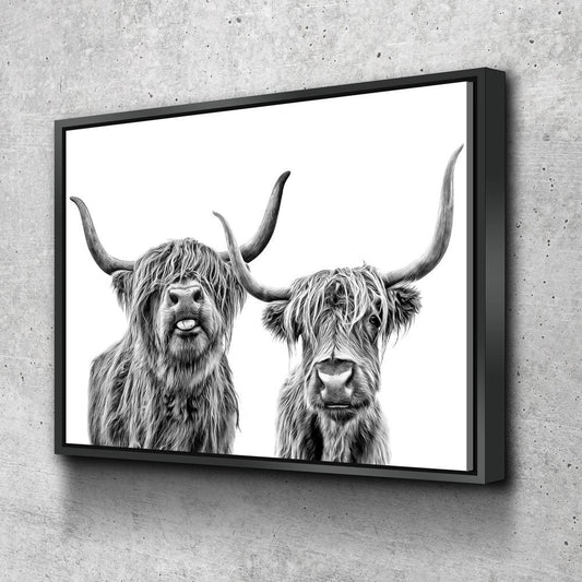 Highland Cows Canvas Wall Art, Ranch Art, Farmhouse Decor, Black White Print, Scottish Cows, Scottish Highlanders, Rustic Wall Decor With Floating Frame