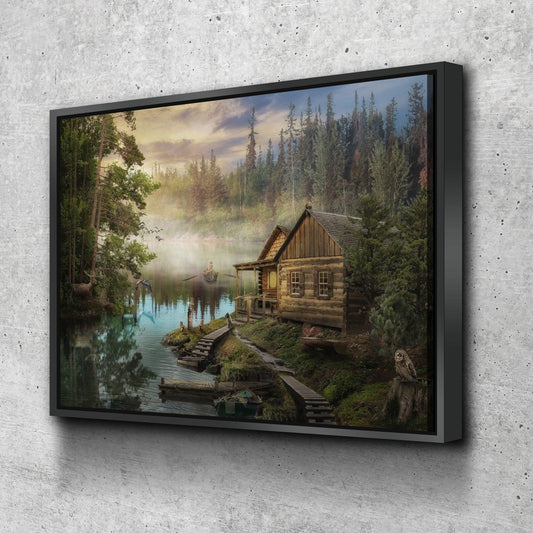 Cabin On The Lake Canvas Wall Art, Forest Cabin, Deer, Owl Decor, Hiking, Fishing Decor, Cabin Decor, Wilderness Decor With Floating Frame