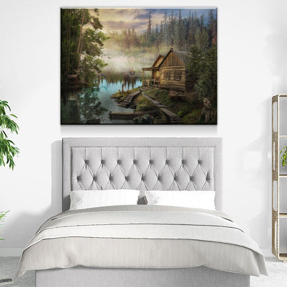 Cabin On The Lake Canvas Wall Art, Forest Cabin, Deer, Owl Decor, Hiking, Fishing Decor, Cabin Decor, Wilderness Decor