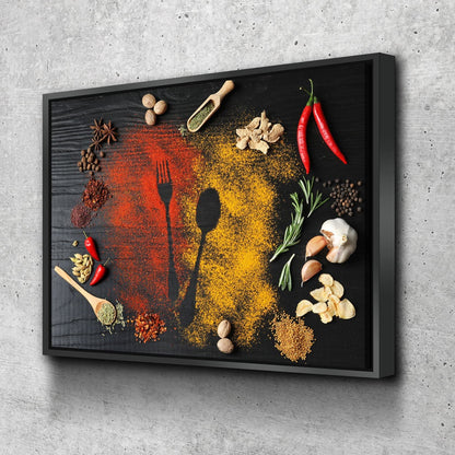 Kitchen Herbs & Spices Canvas Wall Art, Kitchen Decor, Restaurant Decor, Housewarming gift, Dining Room Art, Kitchen Art, Spices, Spoons With Floating Frame