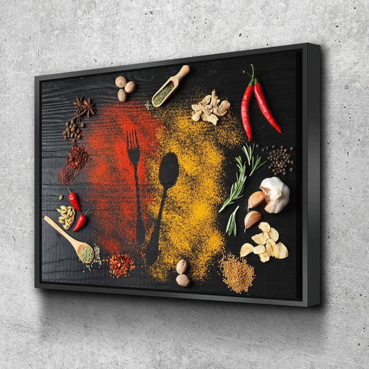 Kitchen Herbs & Spices Canvas Wall Art, Kitchen Decor, Restaurant Decor, Housewarming gift, Dining Room Art, Kitchen Art, Spices, Spoons With Floating Frame
