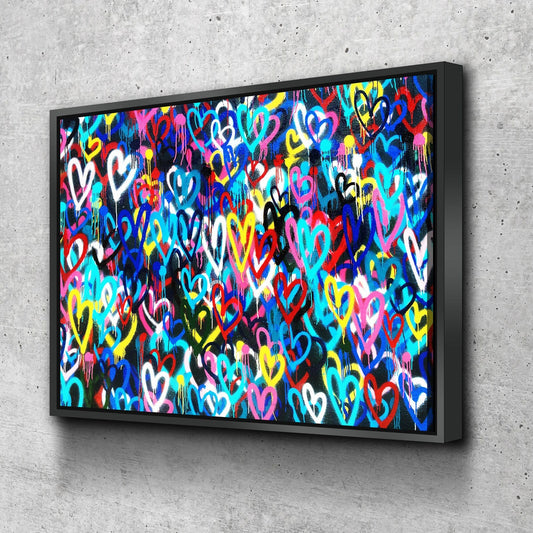 Love Hearts Graffiti Canvas Wall Art, Banksy Print, Graffiti Wall Art, Abstract Decor, Graffiti Decor With Floating Frame