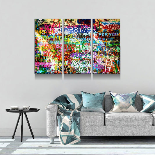 Lennon Dreamer Canvas Wall Art, Lennon Wall, Abstract Art, 3 Piece Wall Art Set, Lennon Wall Prague, Graffiti Wall 3 Panel 50 X 36